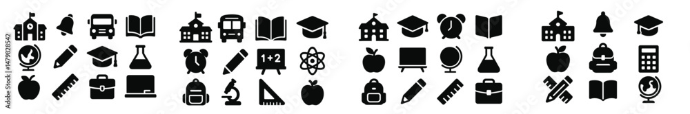 Poster collection of educational web icons representing various school-related themes and subjects for onli