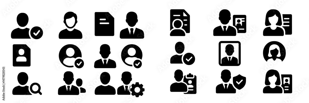 Poster collection of black and white web icons representing user profiles, documents, and business activiti