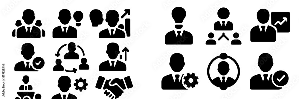 Aufkleber set of web icons representing teamwork, leadership, and business concepts in modern design