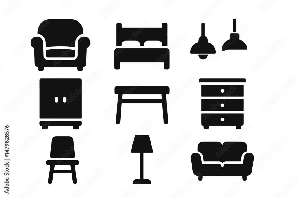 Poster collection of minimalist web icons representing various furniture items for interior design