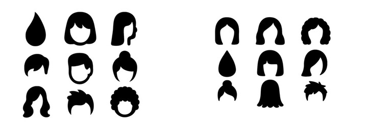 Collection of web icons featuring diverse hairstyles in simple silhouette design for digital applications