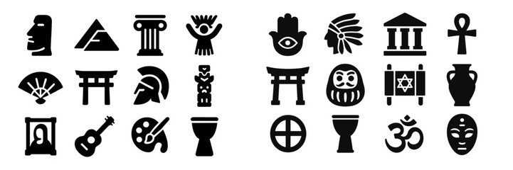 Fototapeta premium Set of unique web icons representing diverse cultural symbols and artistic elements for digital design use