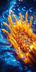 Golden fruit core bursts with vibrant, abstract details in a dynamic, liquid-filled environment