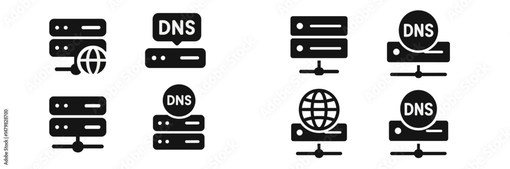 Poster collection of minimalist web icons representing dns and server connectivity for digital applications