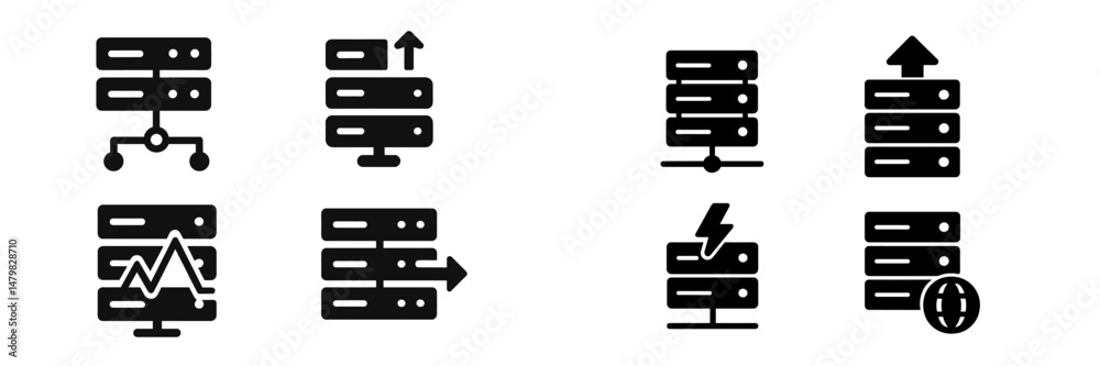 Poster collection of web icons representing various server-related activities and functions in a minimalist