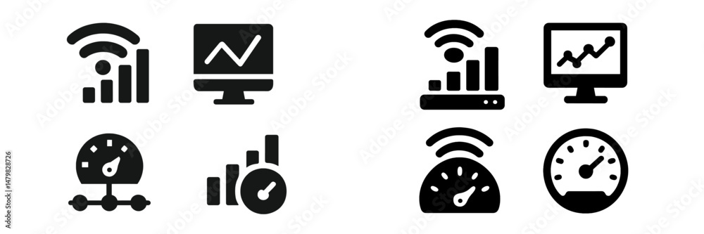 Poster collection of web icons depicting data analytics, internet connectivity, and performance monitoring 
