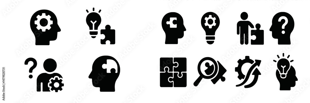 Fototapete Creative set of web icons featuring symbols for innovation, problem-solving, and collaboration with gears and ideas