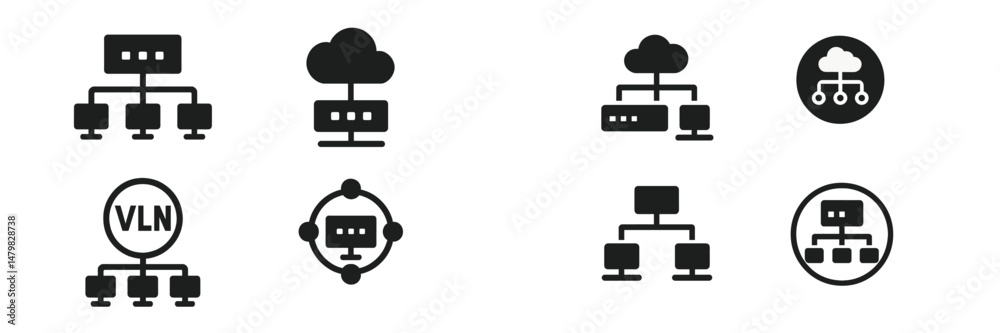 Poster collection of web icons illustrating cloud computing and network architecture for digital applicatio