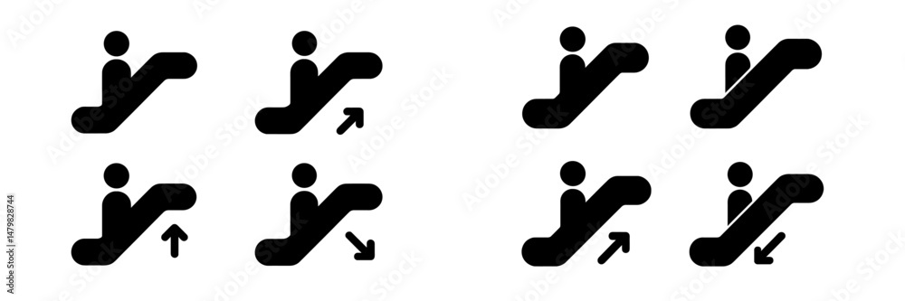 Poster set of web icons representing escalator movement directions for user interface design and accessibil