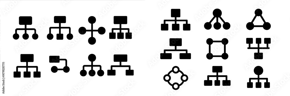 Poster collection of web icons depicting various organizational structures and connections in a minimalist 