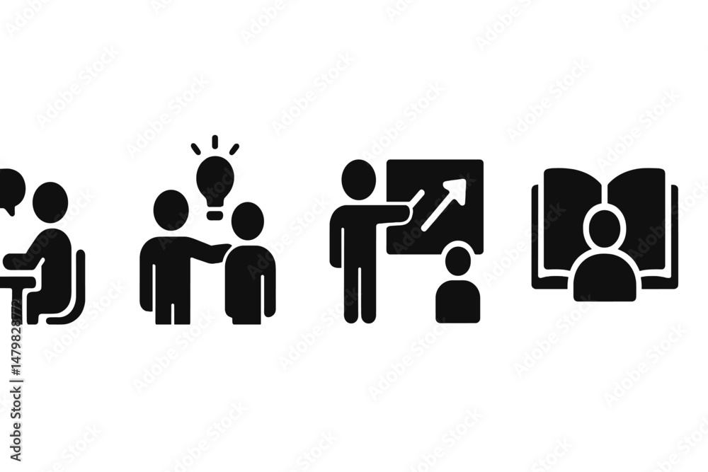 Poster collection of web icons depicting collaboration, idea sharing, teaching, and learning in a digital w