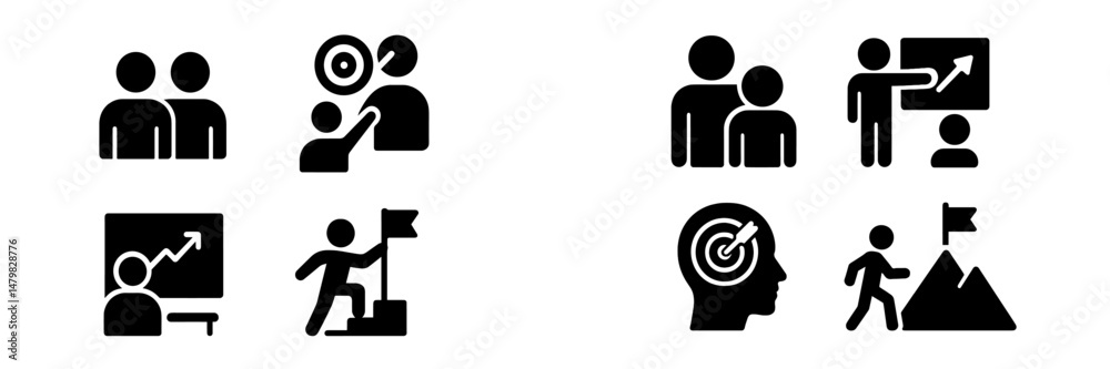 Poster collection of web icons representing teamwork, goal setting, presentations, and personal development