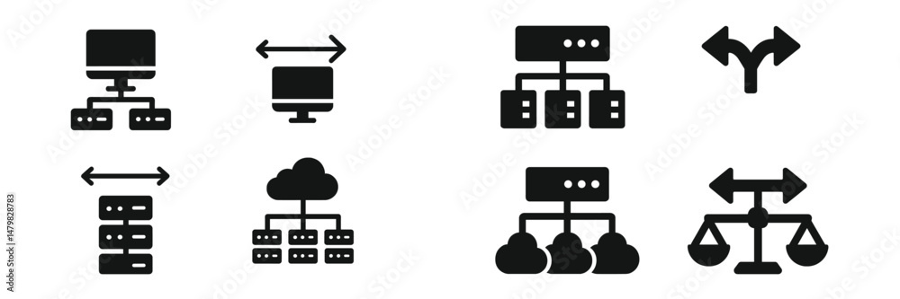 Poster set of web icons representing network structure, data flow, and server connection for digital applic
