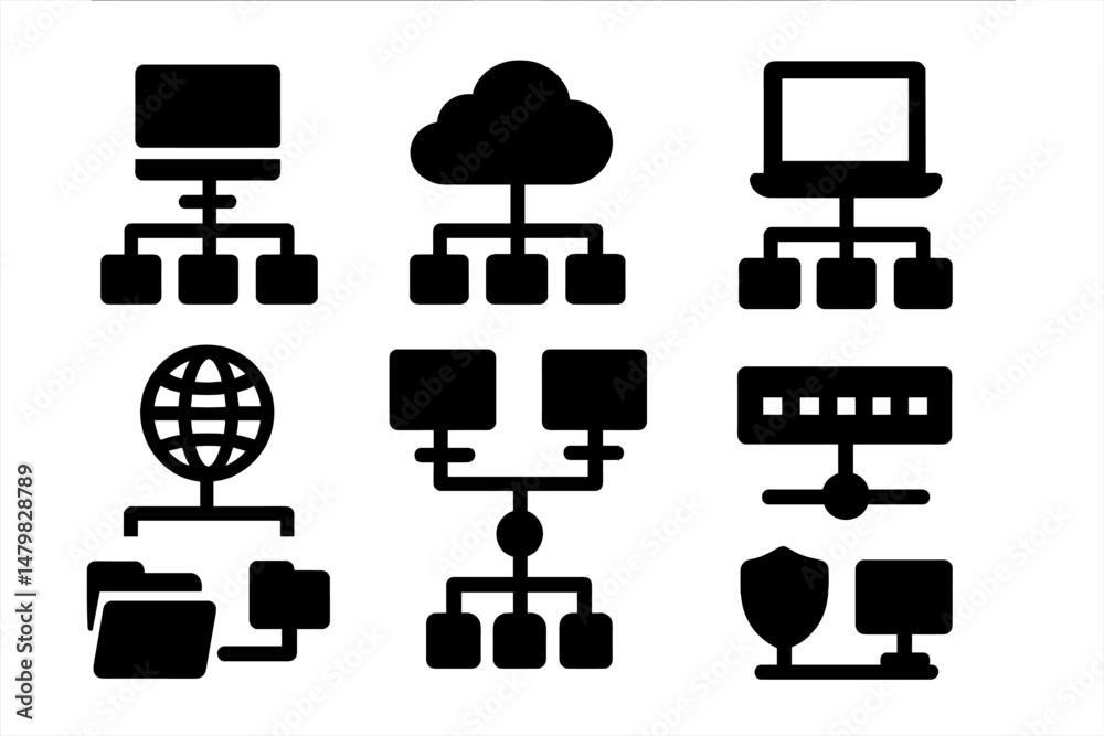 Poster collection of web icons depicting various network and computer elements in a minimalistic style