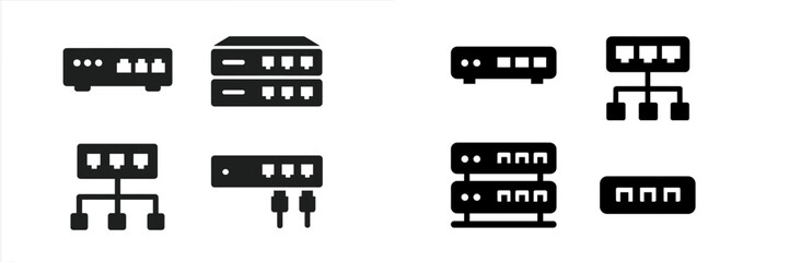 Set of black web icons depicting networking devices and connections for digital communication