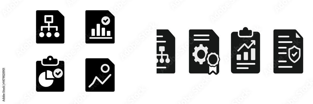 Poster collection of web icons representing data analysis, project management, and reporting tools commonly