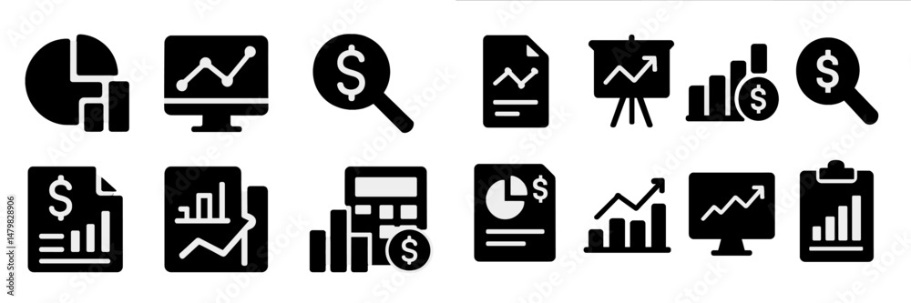 Leinwandbilder Collection of black web icons representing finance, analytics, and data visualization in a modern design