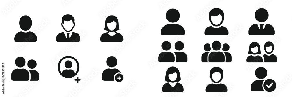 Poster set of web icons representing user profiles, groups, and interactions for digital applications and s