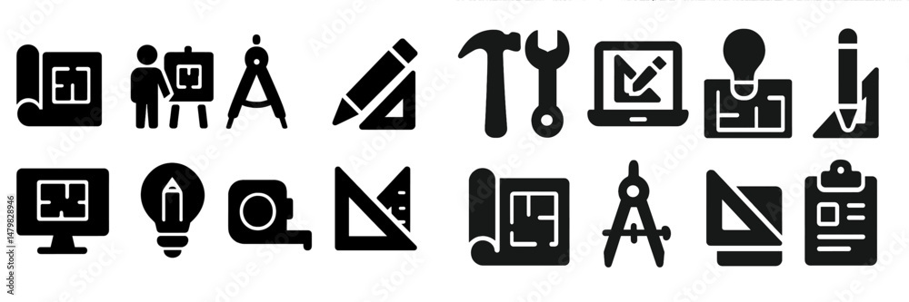 Poster collection of versatile web icons for graphic design and development tasks in various styles