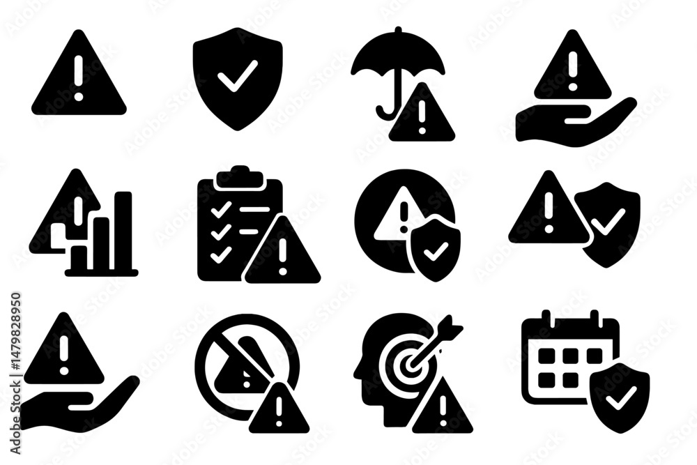 Aufkleber collection of web icons illustrating various concepts related to caution, protection, and organizati