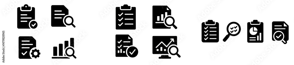 Poster web icons depicting various elements of documentation, analysis, and reporting in a sleek design sui