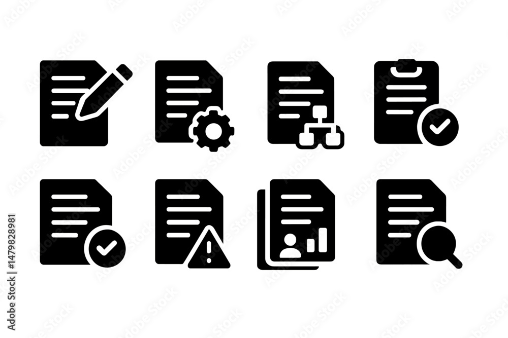 Aufkleber Collection of web icons showcasing document management, editing, and analysis tools designed for various digital applications