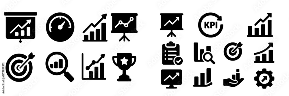 Poster collection of black web icons representing data analysis, performance metrics, and business growth s