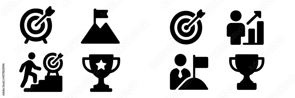 Poster set of web icons featuring target goals, achievements, and progress indicators for digital applicati