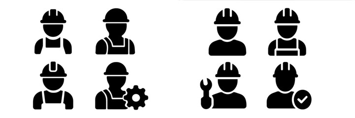 Collection of web icons representing various worker roles and tools used in construction and engineering settings