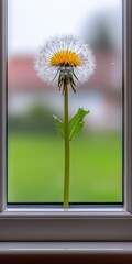 A dandelion seen through a window.  The flower's fluffy white seed head,  yellow center, and green stem are visible against a blurred background of a grassy yard and houses
