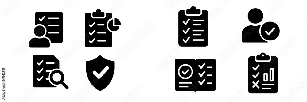 Poster collection of web icons representing various tasks, profiles, and documentation for user interfaces 