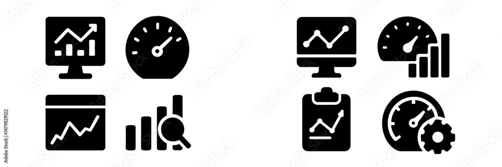 Poster collection of web icons featuring data analysis, monitoring tools, and performance metrics for digit