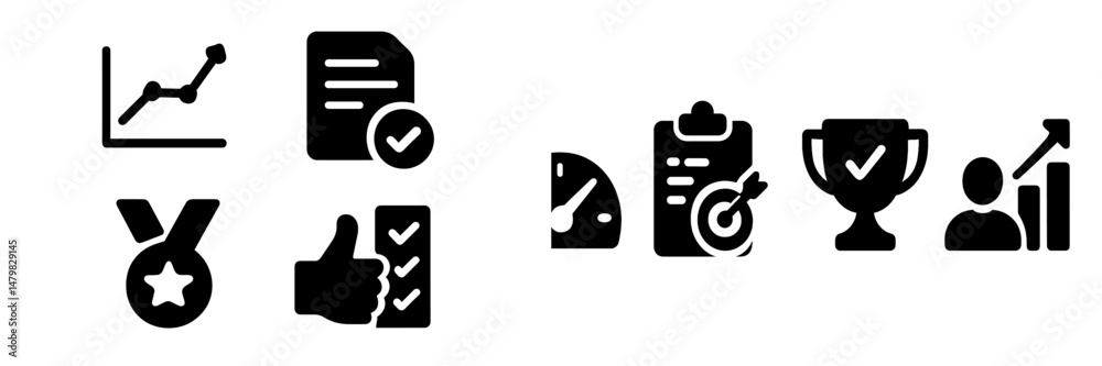 Poster collection of web icons representing analytics and achievement in a modern digital context with emph