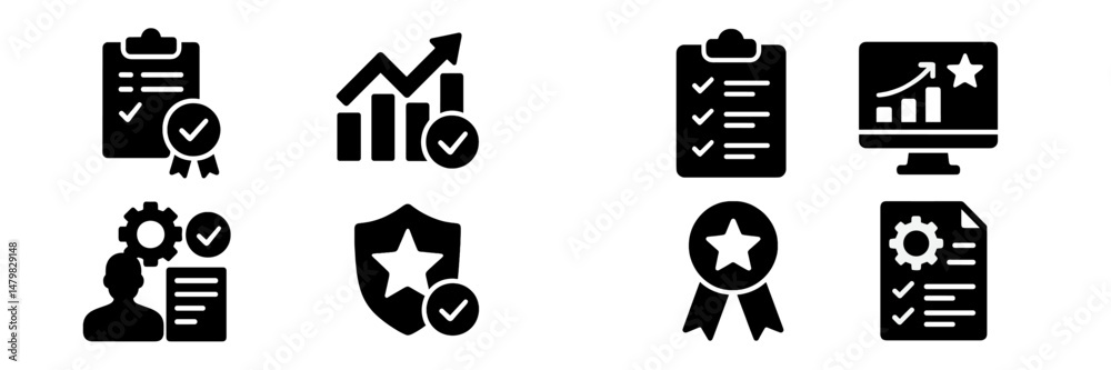 Poster Set of black web icons representing various aspects of quality assurance and performance metrics for digital platforms and applications