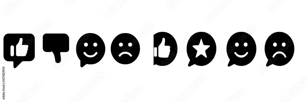 Poster collection of minimalistic web icons for user engagement and feedback metrics displayed in solid bla