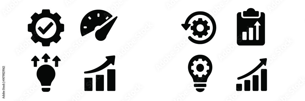 Poster collection of minimalist web icons representing data analysis, performance metrics, and progress ind