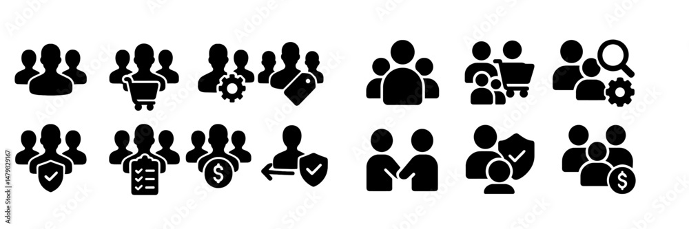 Poster collection of web icons representing various aspects of user interactions and activities in digital 
