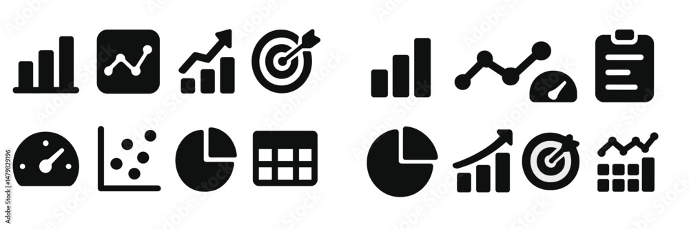 Poster collection of black web icons depicting data visualization, analytics, and performance metrics suita