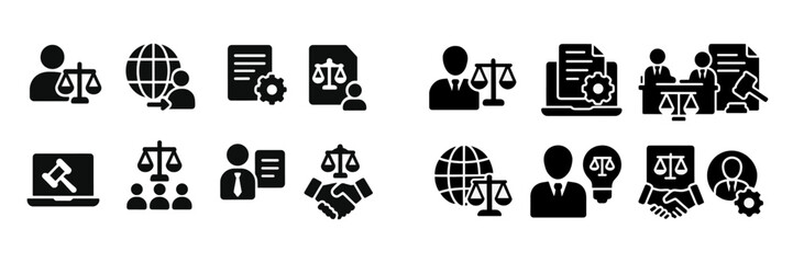 Collection of diverse legal web icons representing justice, collaboration, and document management in a digital setting