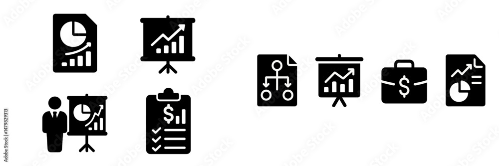 Poster set of web icons representing business analytics and reporting tools for data visualization and fina