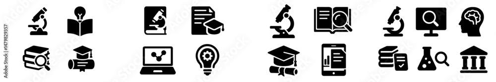 Poster collection of educational web icons featuring study tools and scientific elements for digital design