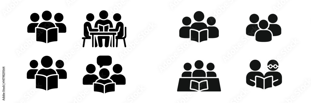Poster Collection of web icons representing group discussions, reading sessions, and collaborative activities