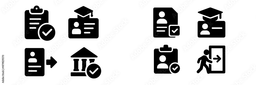Poster collection of web icons representing user management and educational verification processes for onli