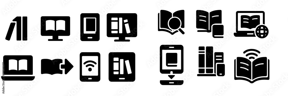 Fototapete web icons representing digital and traditional reading materials, showcasing various formats and dev