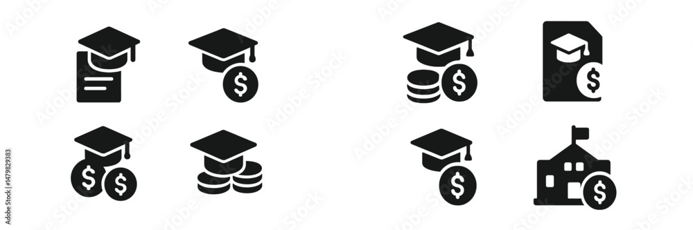 Poster set of web icons representing education, finance, and graduation in a minimalist black-and-white des