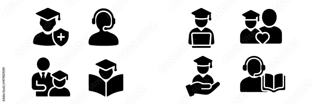 Poster collection of web icons representing various educational and professional activities in a modern sty