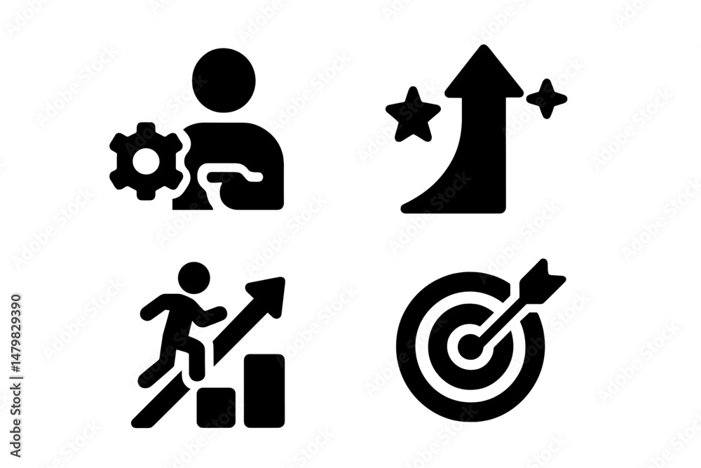 Poster collection of diverse web icons representing growth, productivity, and goal setting in a minimalist 