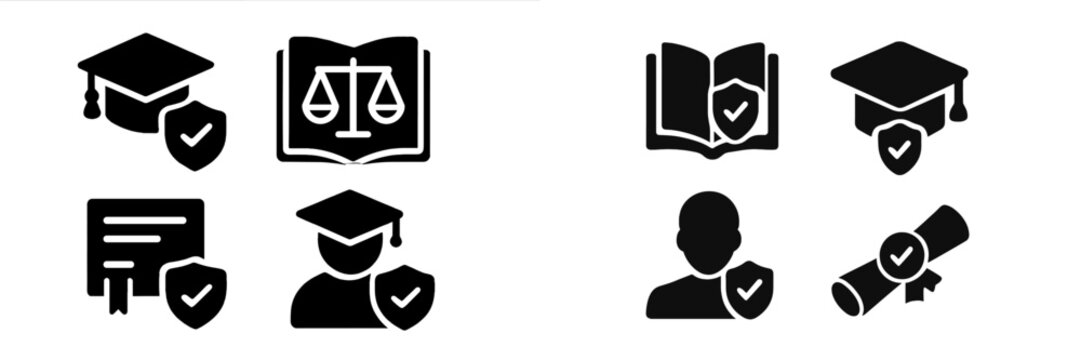 Set of black web icons representing education, legal, and achievement themes in modern design
