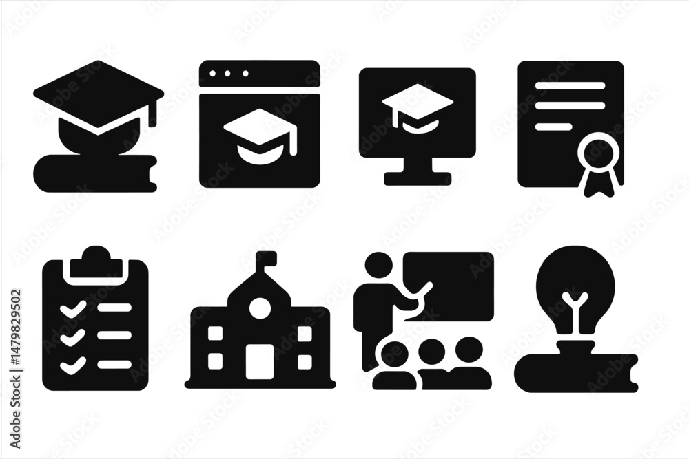 Aufkleber collection of black web icons representing education and online learning tools designed for digital 
