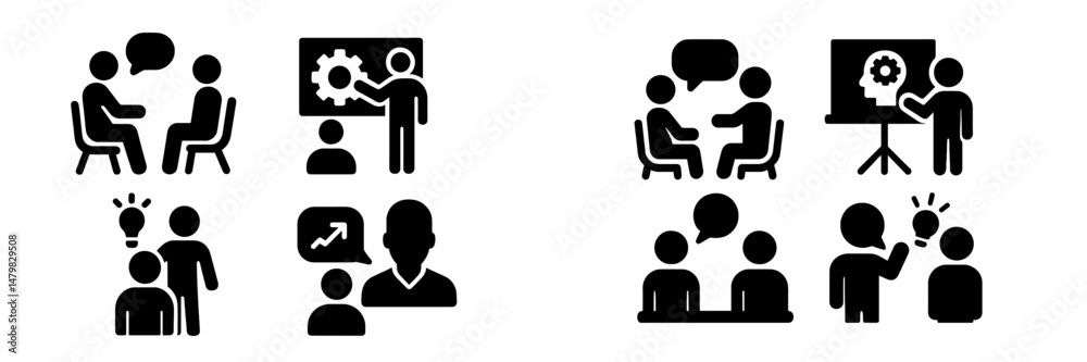 Poster collection of web icons representing communication, collaboration, and presentation activities in a 